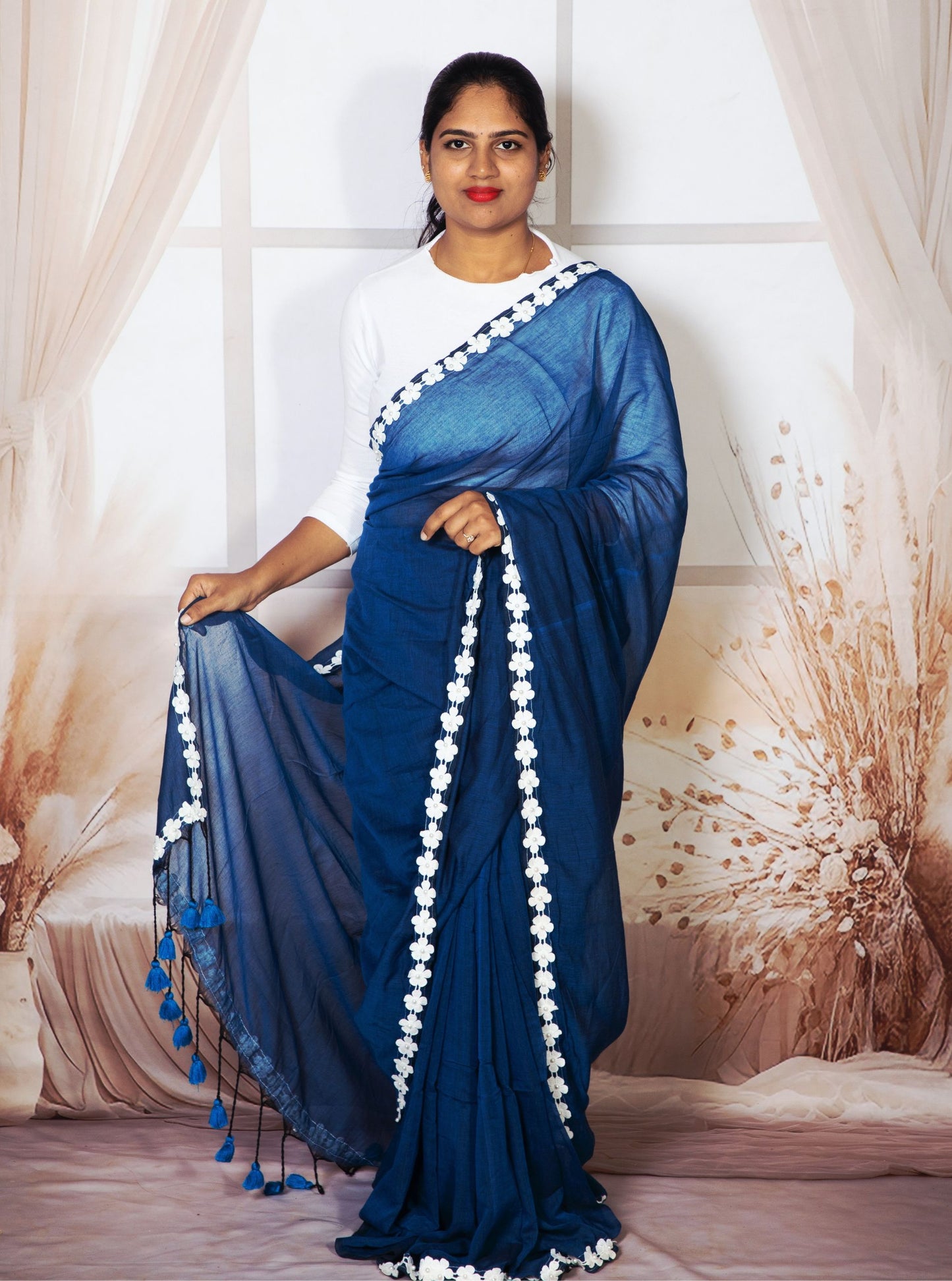 Royal Blue Mul Cotton Saree with White Floral Lace Border