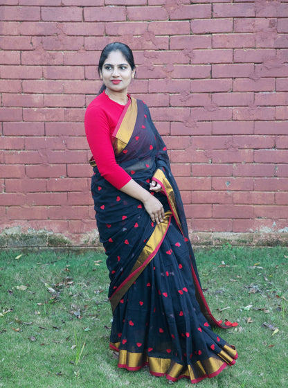Black Mul Cotton Saree with Red Heart Motifs & Golden Zari Border