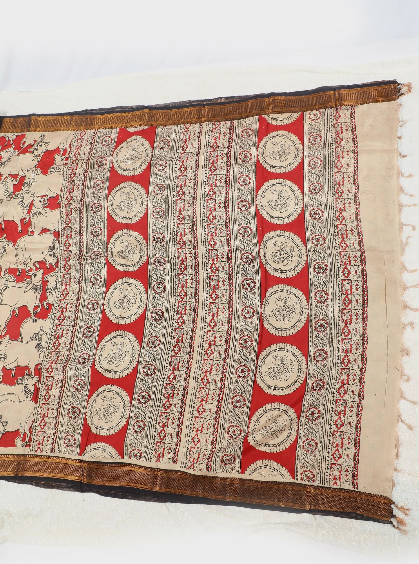 Red Kalamkari Mangalagiri Silk Saree with Sacred Cow Motif All-Over Print