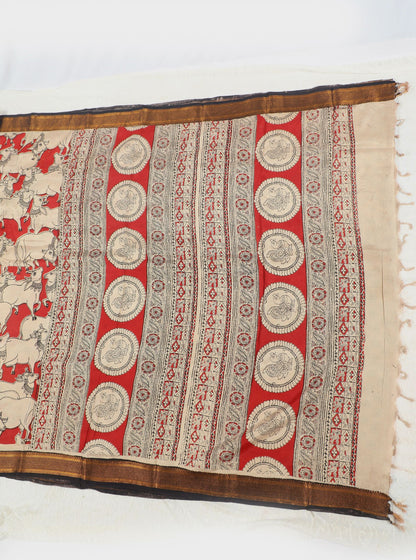 Red Kalamkari Mangalagiri Silk Saree with Sacred Cow Motif All-Over Print