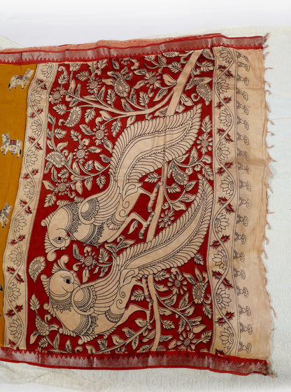Mustard Yellow Kalamkari Mangalagiri Silk Saree with Sacred Cow Motifs