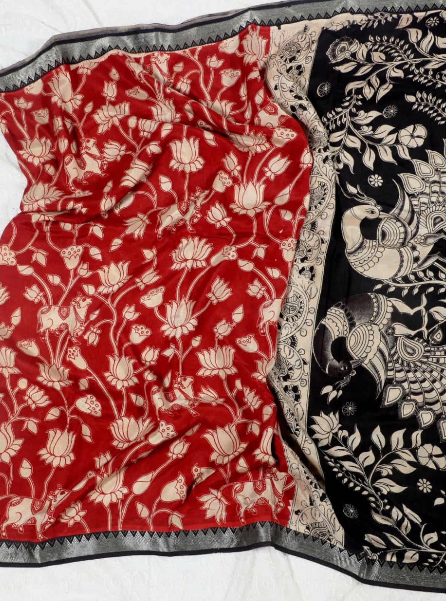 Black & Maroon Kalamkari Mangalagiri Silk Saree with Handcrafted Peacock & Floral Artwork