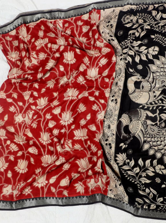 Black & Maroon Kalamkari Mangalagiri Silk Saree with Handcrafted Peacock & Floral Artwork