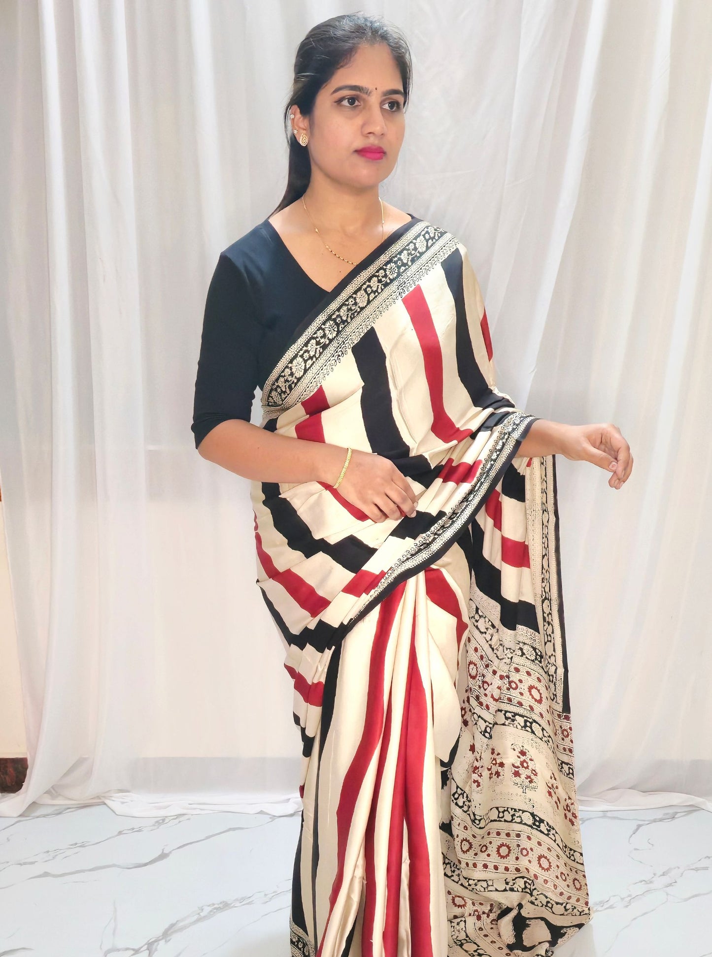 Ivory Beige Pure Modal Silk Saree with Bold Stripes & Traditional Printed Border