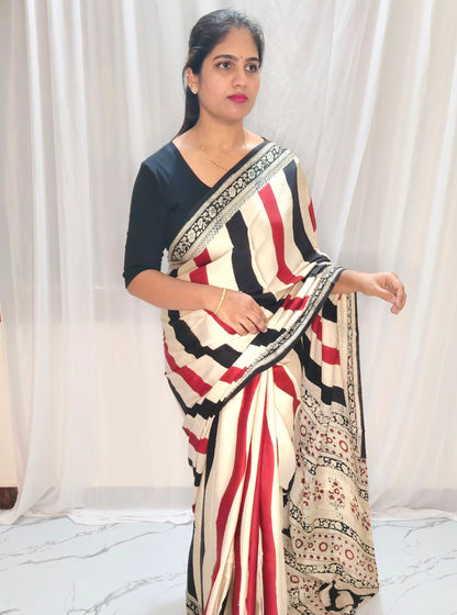 Ivory Beige Pure Modal Silk Saree with Bold Stripes & Traditional Printed Border