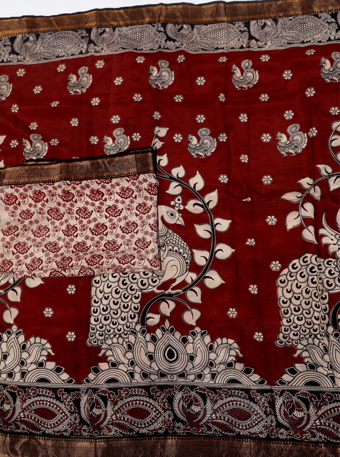Maroon Kalamkari Mangalagiri Silk Saree with Peacock & Floral Motifs