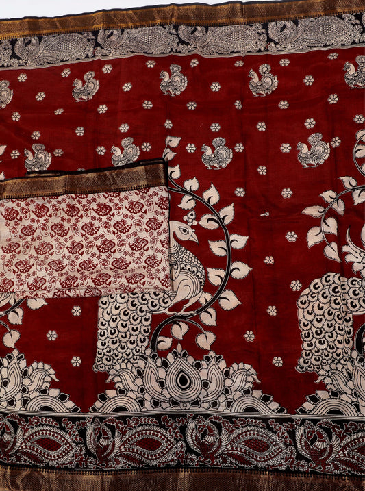 Maroon Kalamkari Mangalagiri Silk Saree with Peacock & Floral Motifs