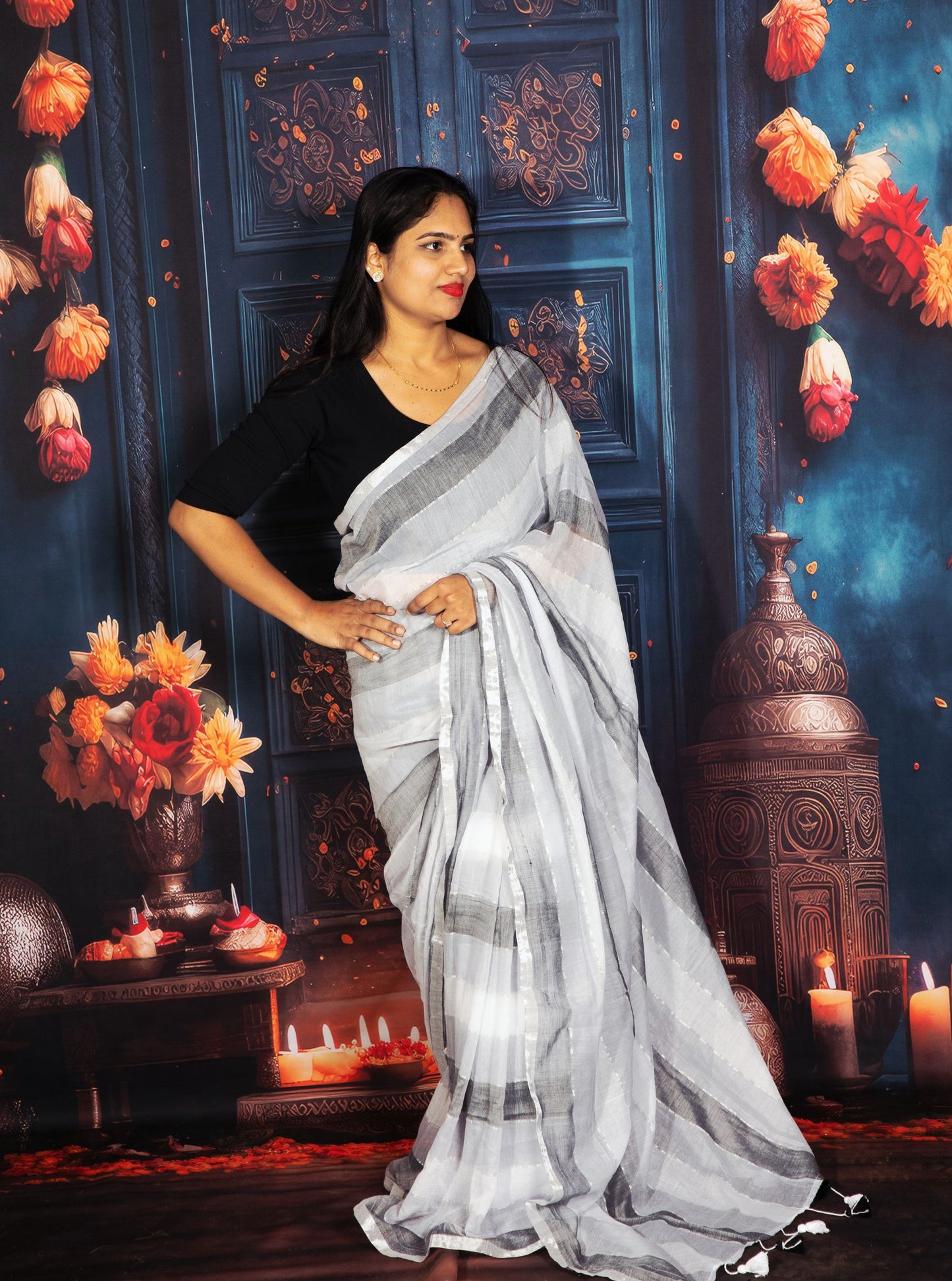 Grey & White Mul Cotton Saree with Subtle Stripes and Tassel Pallu