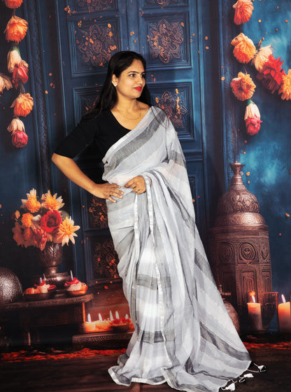 Grey & White Mul Cotton Saree with Subtle Stripes and Tassel Pallu