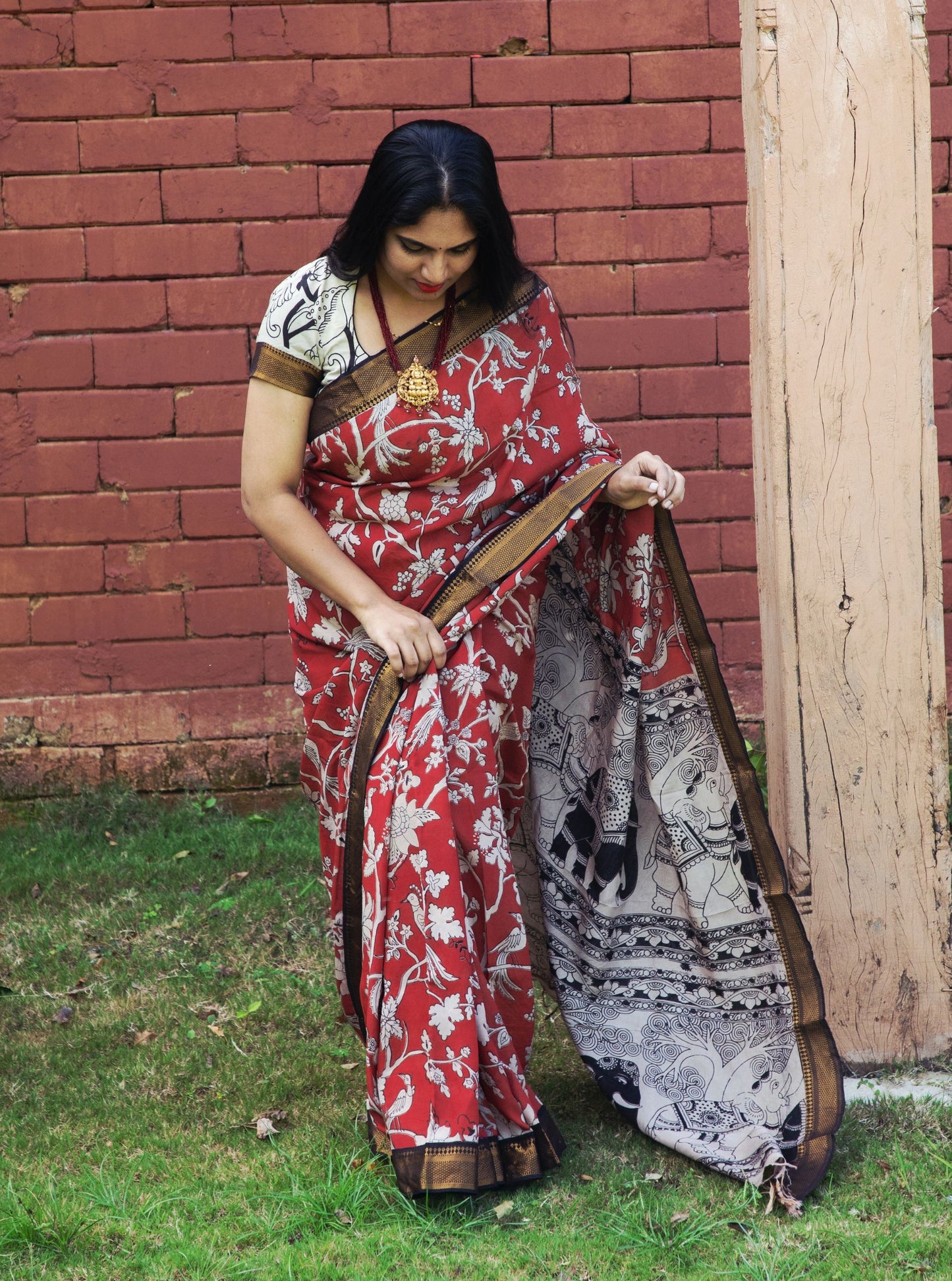 Rust Orange Kalamkari Silk Saree with Mythical Art Motifs