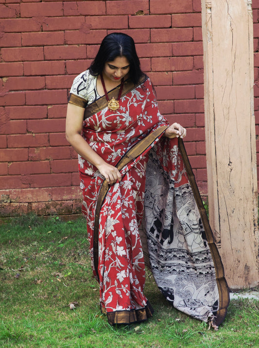 Rust Orange Kalamkari Silk Saree with Mythical Art Motifs