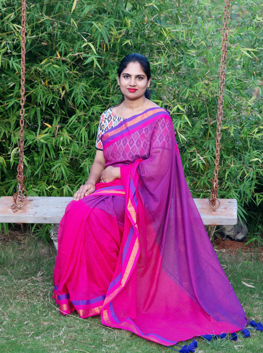 Stylish Blue and Pink Mul Cotton Saree with Zari Tissue Lines for Festive & Daily Wear