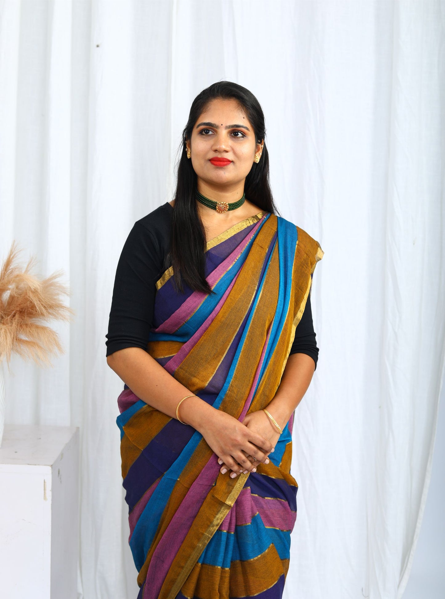 Elegant Brown, Blue and Pink Multicolor Mul Cotton Saree for Everyday Wear