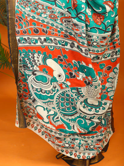 Teal Green Kalamkari Saree with Traditional Floral Print & Contrast Border