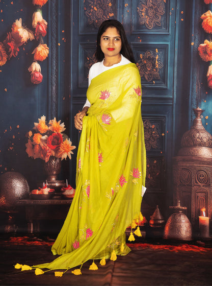 Lime Green Mul Cotton Saree with Hand-Painted Pink Floral Motifs & Tassel Border