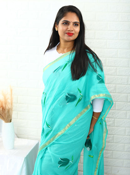 Artistic Blue Mul Cotton Saree with Elegant Hand Painted Detailing for Festive & Daily Wear