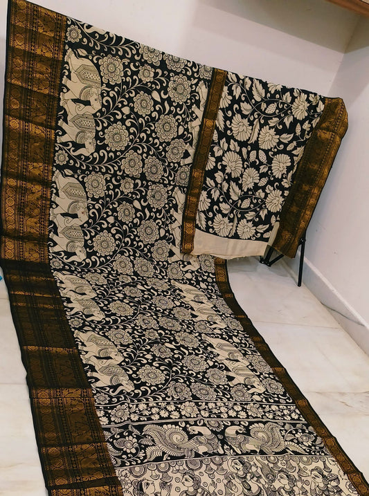 Classic Black Pen Kalamkari Saree with Mythological Panel Art & Antique Gold Border