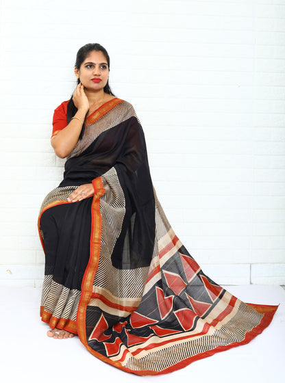 Stylish Black and White Maheshwari Silk Saree with Hand Block Print for Festive & Party Wear