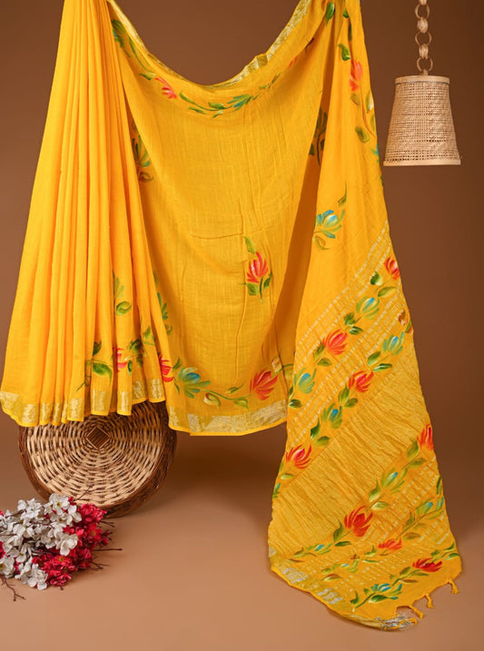 Sunshine Yellow Linen Cotton Saree with Hand-Painted Floral Accents