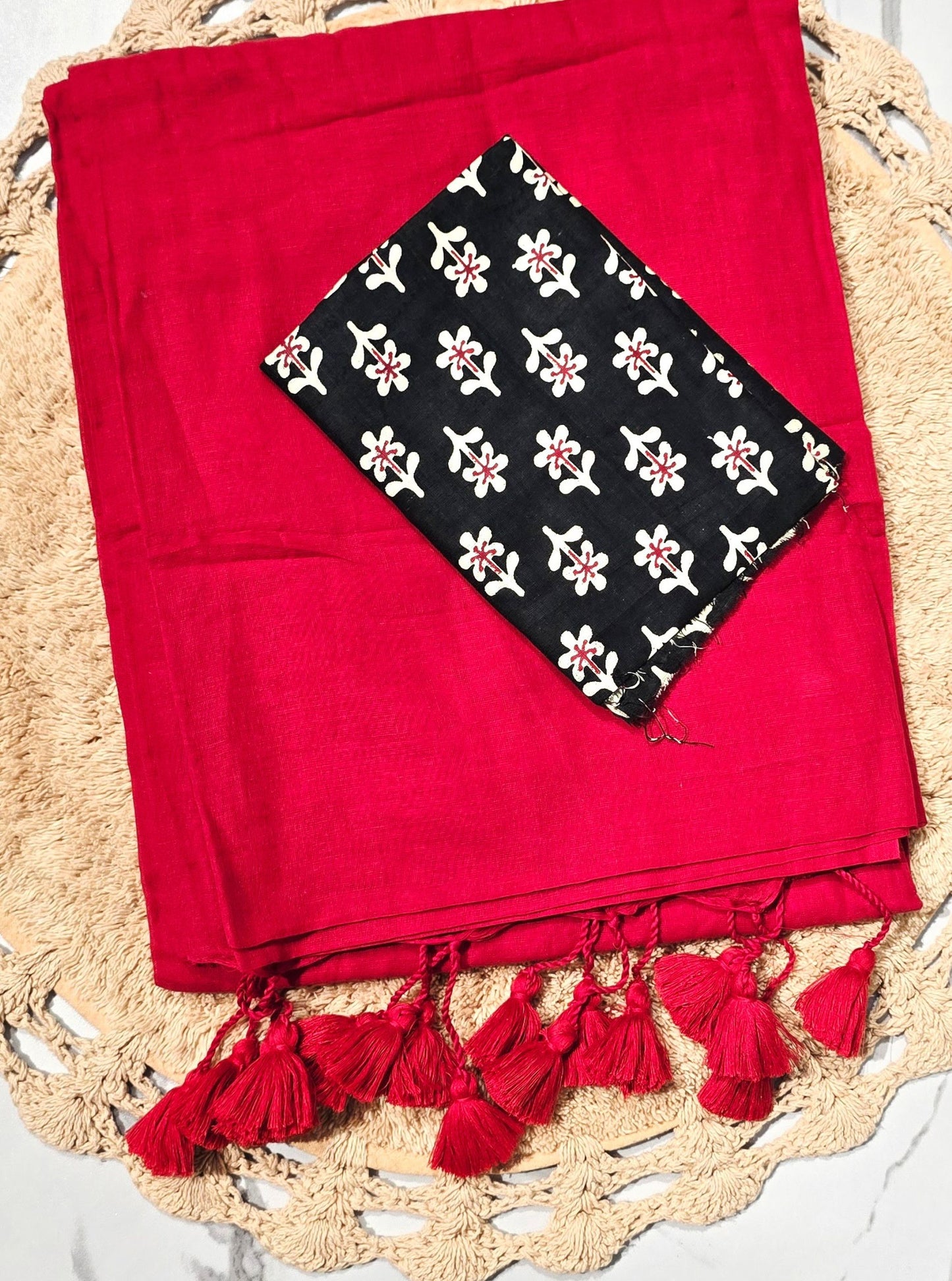 Classic Red Mul Cotton Saree with Tasselled Pallu & Black Floral Printed Blouse