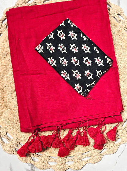 Classic Red Mul Cotton Saree with Tasselled Pallu & Black Floral Printed Blouse