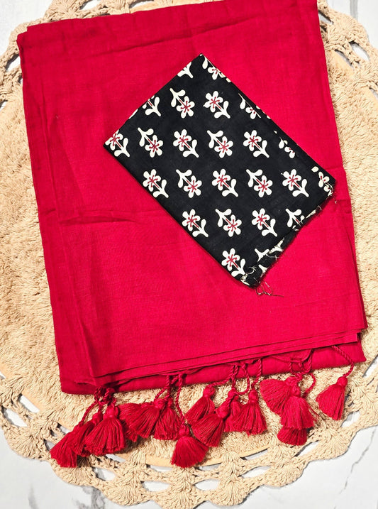 Classic Red Mul Cotton Saree with Tasselled Pallu & Black Floral Printed Blouse