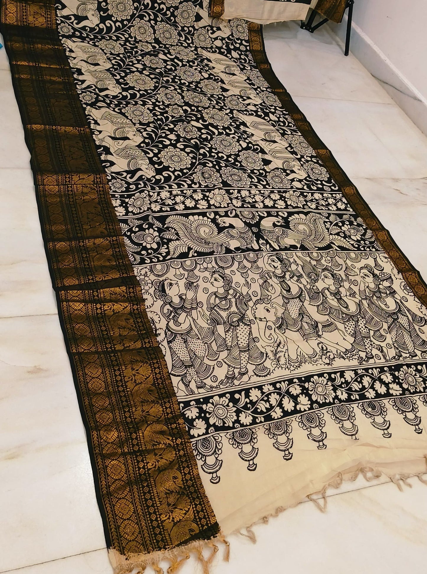 Classic Black Pen Kalamkari Saree with Mythological Panel Art & Antique Gold Border