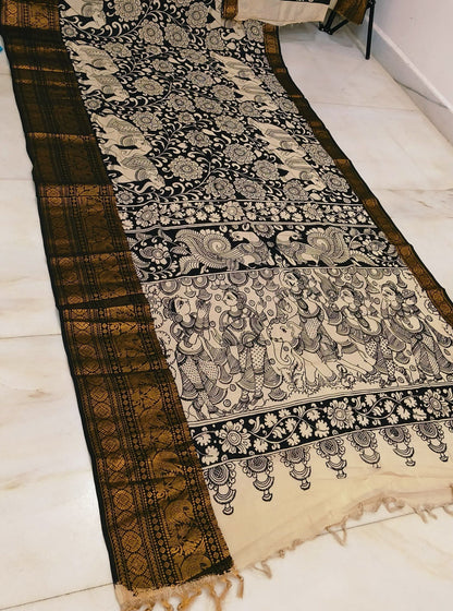 Classic Black Pen Kalamkari Saree with Mythological Panel Art & Antique Gold Border