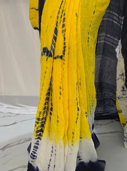 Yellow & Navy Blue Linen Cotton Saree with Abstract Tie-Dye Inspired Patterns