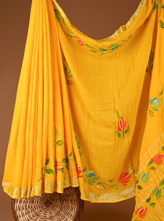 Sunshine Yellow Linen Cotton Saree with Hand-Painted Floral Accents