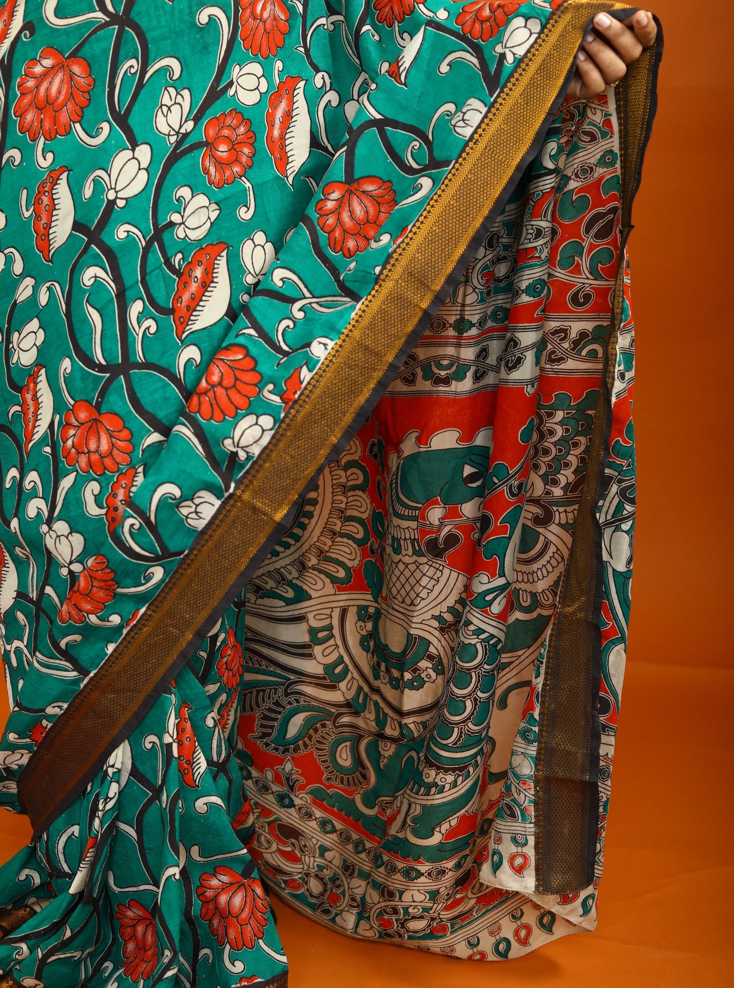 Teal Green Kalamkari Saree with Traditional Floral Print & Contrast Border
