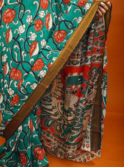 Teal Green Kalamkari Saree with Traditional Floral Print & Contrast Border