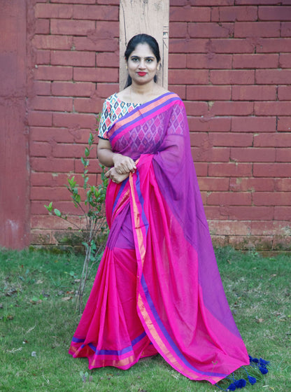Stylish Blue and Pink Mul Cotton Saree with Zari Tissue Lines for Festive & Daily Wear