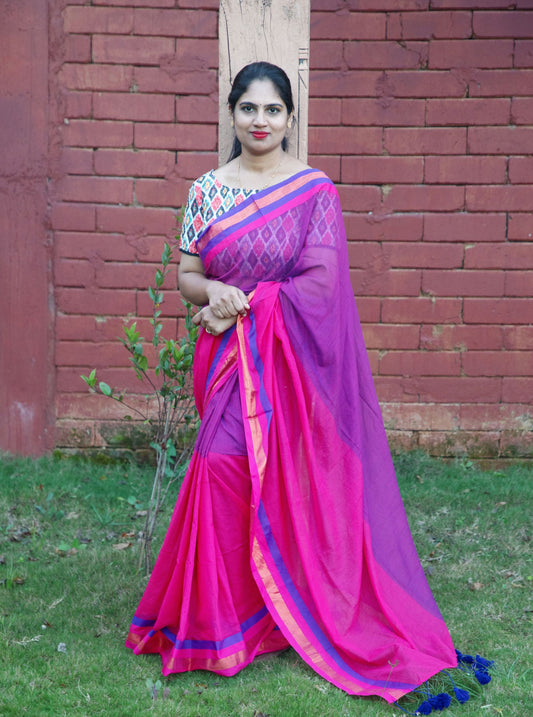 Stylish Blue and Pink Mul Cotton Saree with Zari Tissue Lines for Festive & Daily Wear