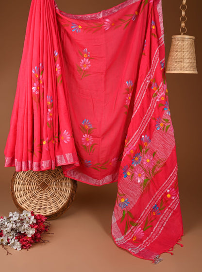 Coral Pink Linen Cotton Saree with Hand-Painted Floral Motifs