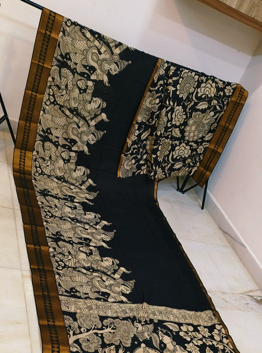 Classic Black Pen Kalamkari Saree with Mythological Narrative Border & Antique Gold Zari