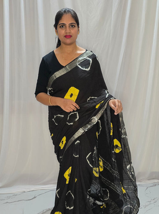 Black Linen Cotton Saree with Mustard & White Abstract Block Motifs