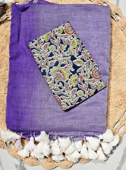 Lavender Purple Mul Cotton Saree with White Tasselled Pallu & Indigo Floral Printed Blouse