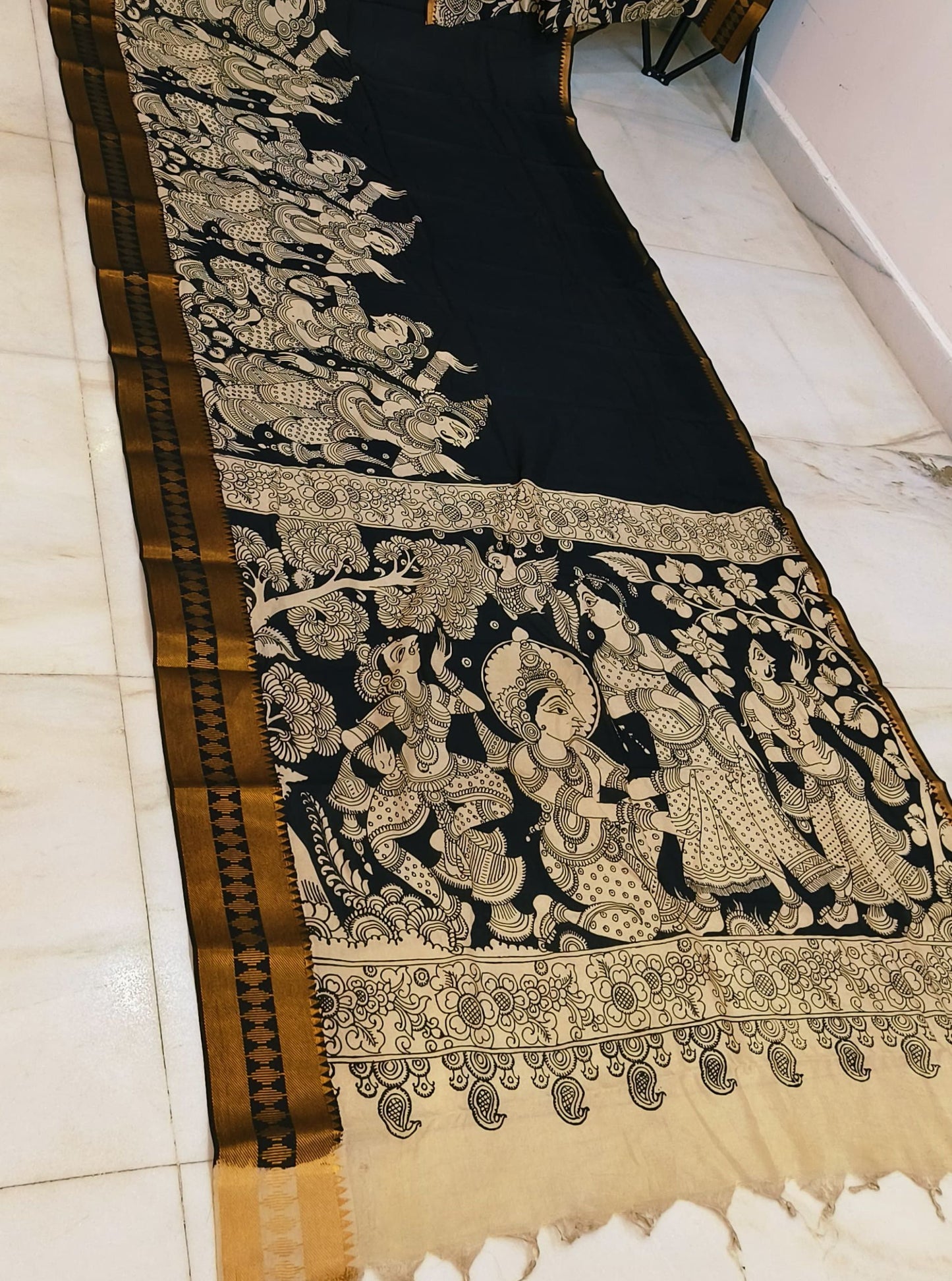 Classic Black Pen Kalamkari Saree with Mythological Narrative Border & Antique Gold Zari