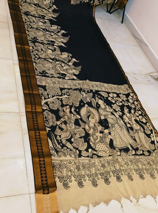 Classic Black Pen Kalamkari Saree with Mythological Narrative Border & Antique Gold Zari