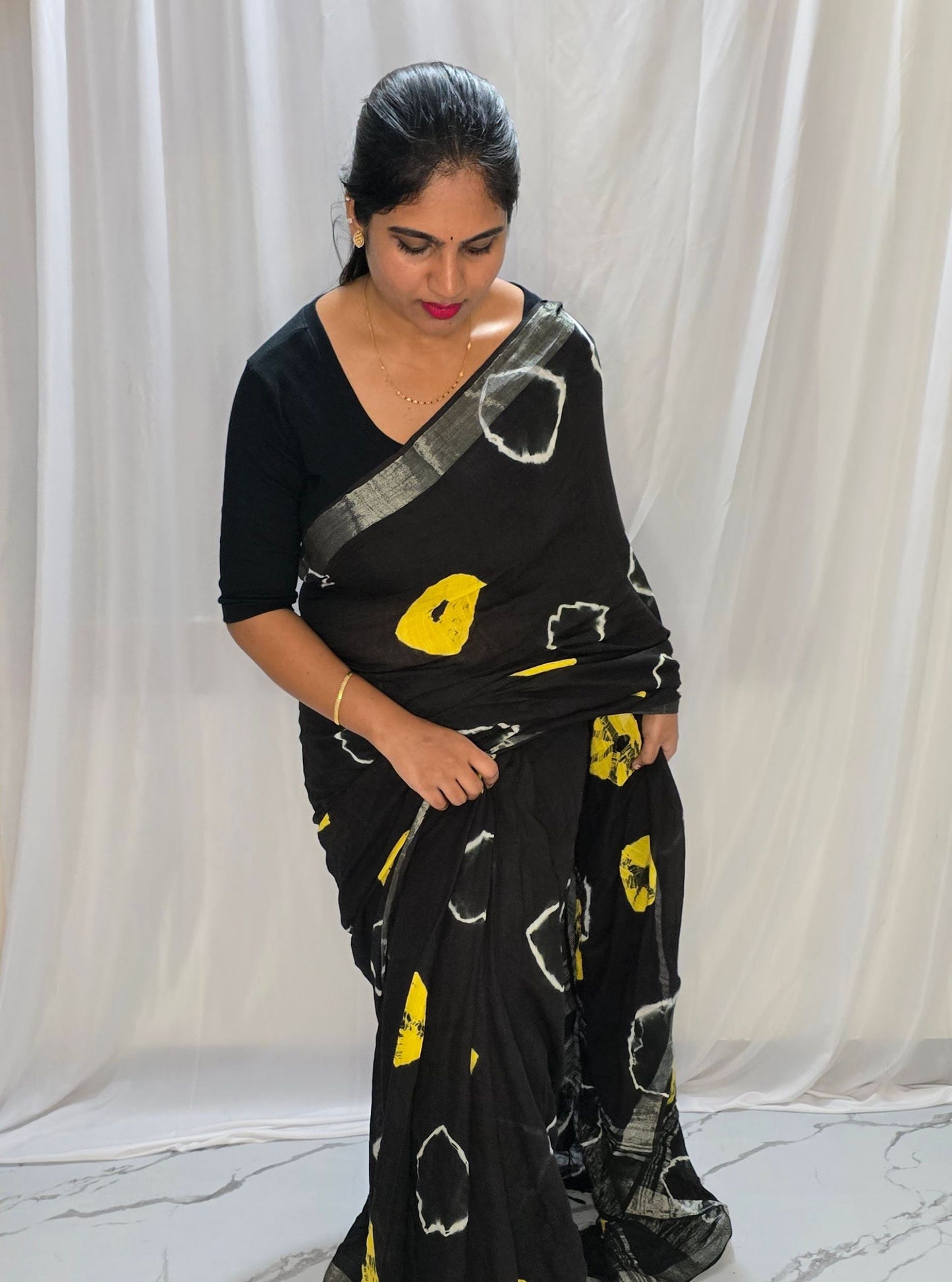 Black Linen Cotton Saree with Mustard & White Abstract Block Motifs
