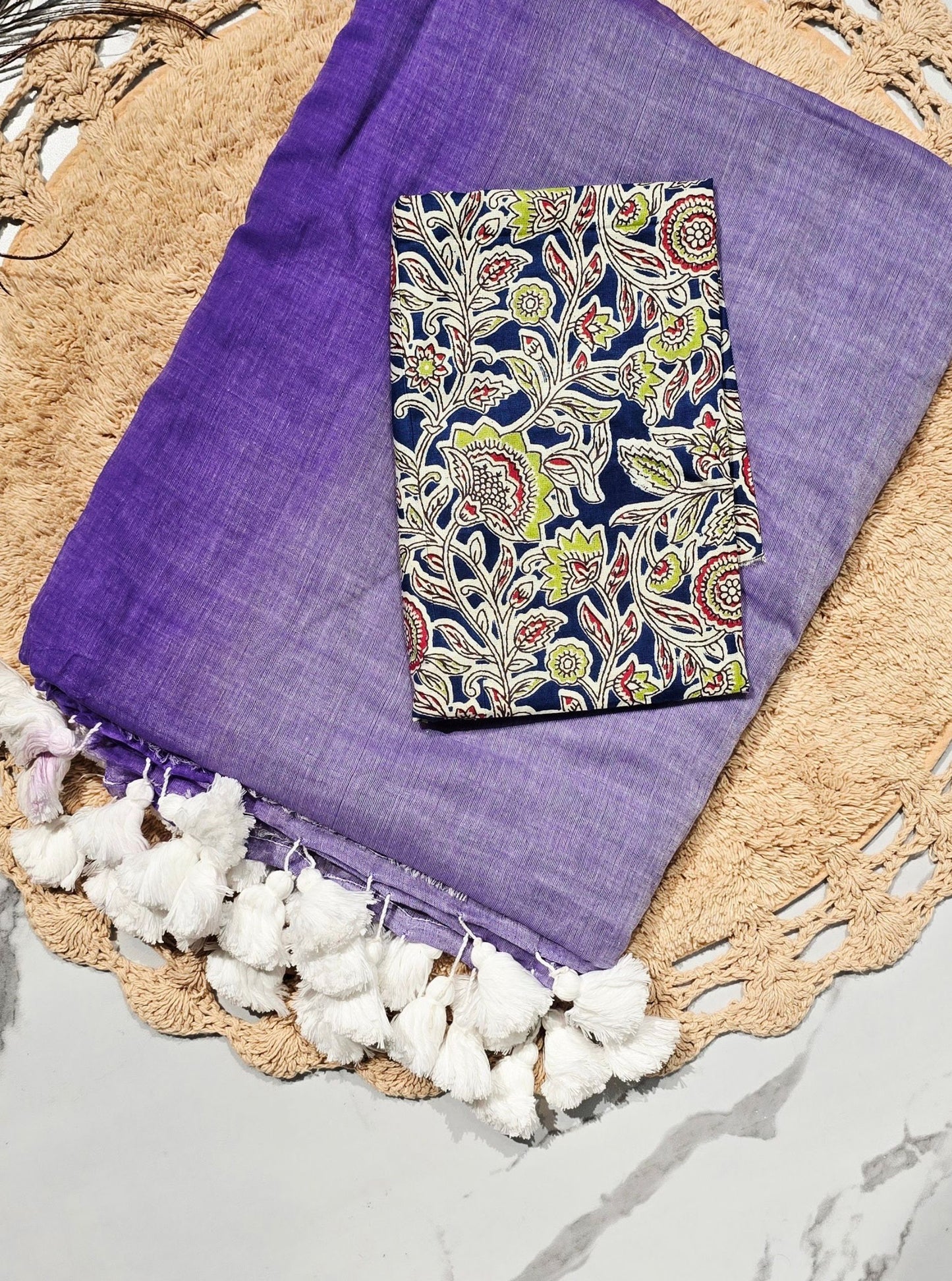 Lavender Purple Mul Cotton Saree with White Tasselled Pallu & Indigo Floral Printed Blouse