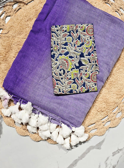 Lavender Purple Mul Cotton Saree with White Tasselled Pallu & Indigo Floral Printed Blouse