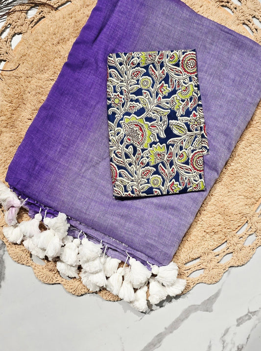 Lavender Purple Mul Cotton Saree with White Tasselled Pallu & Indigo Floral Printed Blouse