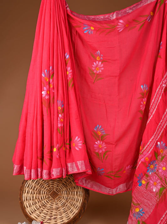 Coral Pink Linen Cotton Saree with Hand-Painted Floral Motifs