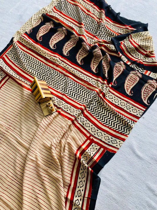 Ivory White & Midnight Blue Ajrakh Hand Block Printed Georgette Saree