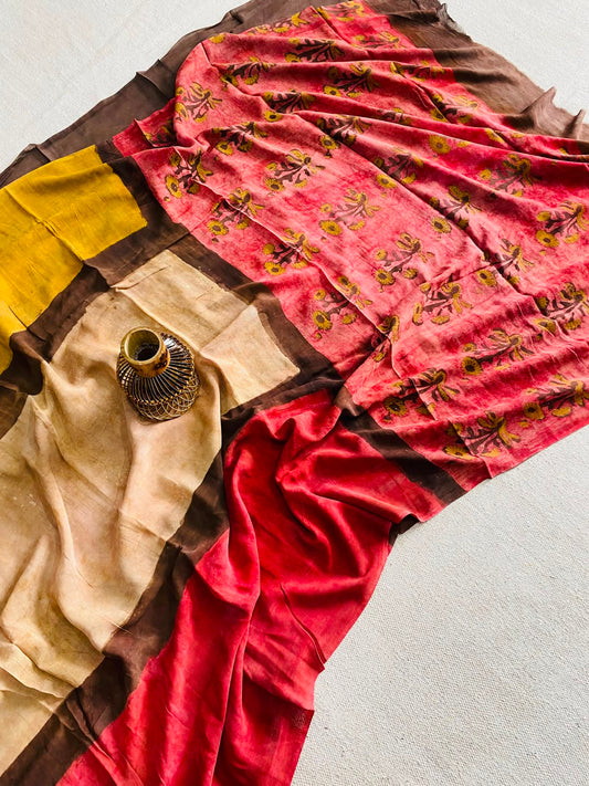 Crimson Red & Sand Beige Ajrakh Hand Block Printed Georgette Saree