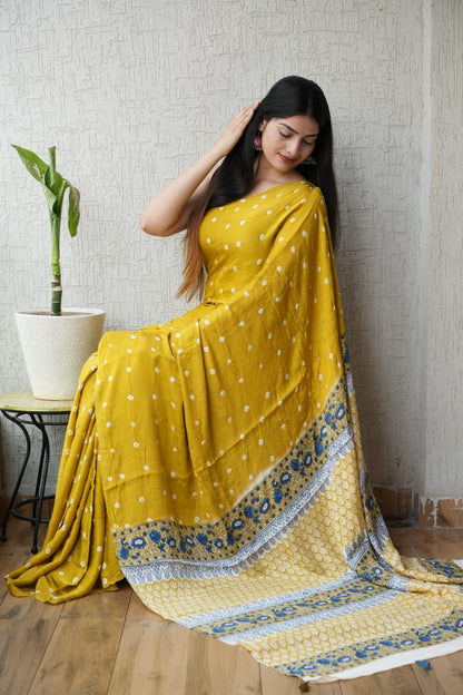 Elegant Mustard Modal Silk Saree with Classic Dot Motifs