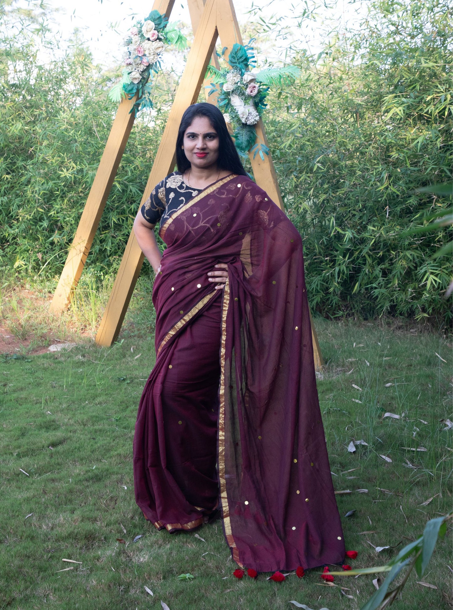 Maroon Mul Cotton Saree with Golden Polka Weave & Tassel Pallu