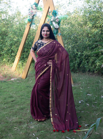 Maroon Mul Cotton Saree with Golden Polka Weave & Tassel Pallu